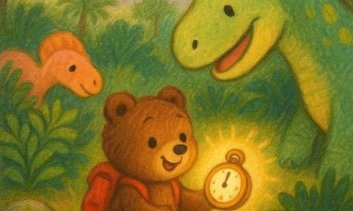 A small brown teddy-like bear with soft fur, round shiny eyes and a delighted smile, wearing a little red backpack, kneeling and holding a watch that glows with a faint golden halo; a large green herbivorous dinosaur with textured skin and yellow spots, gentle expression, leaning toward the bear with a rounded jaw and smiling mouth; a smaller salmon-colored dinosaur with soft crests, curious and sniffing a nearby bush slightly in the left background; lush prehistoric forest setting with dark green ferns, thick mossy tree trunks, lichen-covered rocks and a distant volcano under a soft orange-pink sky; a peaceful, joyful meeting rendered in warm golden light with rounded, child-friendly shapes.