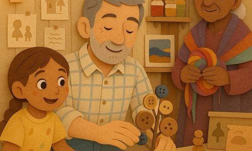 Mateo, hombre sonriente y sereno de cabello gris claro en mechones y pequeña barba, con camisa de cuadros y mangas remangadas, ajusta delicadamente una escultura de botones y madera sobre una mesa; a la izquierda, una niña de unos 8 años con trenza y vestido amarillo manchado de pintura toca suavemente un trozo de tela; detrás, una anciana hilandera de unos 70 años con la piel arrugada y un chál colorido sostiene un ovillo de hilos multicolores y mira la escena con orgullo; la sala de exposiciones, un taller transformado, tiene paredes de madera clara cubiertas de bocetos, estantes con frascos de pigmentos naturales y faroles colgantes que irradian luz cálida; en las mesas hay obras ensambladas —pinturas con tierra y azul marino, esculturas de corchos y huesos de fruta, papeles arrugados con notas—; texturas marcadas, colores cálidos, ambiente acogedor y gestos tiernos entre los personajes.