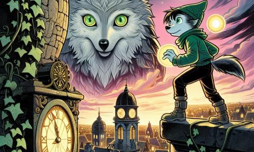 At the top of an old stone bell tower, a small silver wolf named Finn stands proudly, his green and gold eyes shining with excitement and determination. He gazes into the distance, with the city of Groovehaven sprawling below him, illuminated by twinkling lanterns and colorful neon lights. Beside him, a majestic owl named Archimedes, with silver and gold feathers, watches attentively, his round and wise eyes filled with pride. He perches on an ancient clock, his wings slightly spread, ready to guide Finn on his quest. The sky is tinged with pink and orange as the sun sets, and the city is lively, with cobblestone streets and brick buildings adorned with climbing plants. Shadows dance on the walls, creating a magical and mysterious atmosphere. The main scene shows Finn and Archimedes preparing to open a magical portal, surrounded by a bright glow emanating from the clock, symbolizing the adventure and magic that await them.