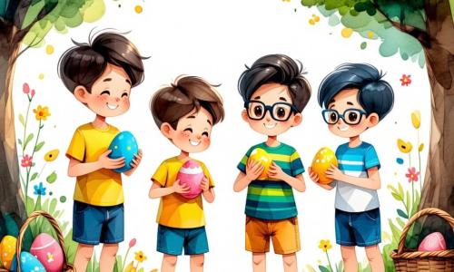 In un giardino soleggiato, quattro bambini sono riuniti per una caccia alle uova di Pasqua. Luca, un ragazzo di sette anni con i capelli castani e occhi vivaci, indossa una maglietta gialla e pantaloni blu, tenendo un grande uovo di Pasqua colorato e sorridendo con entusiasmo. Marco, un altro ragazzo di sette anni con capelli neri e occhiali rotondi, è accovacciato mentre cerca un uovo nascosto in un cespuglio. Giulia, una ragazza di sette anni con lunghi capelli biondi intrecciati e un vestito rosa a fiori, è in piedi con le braccia alzate, urlando di gioia per aver trovato un uovo brillante. Sara, una ragazza di sette anni con capelli castani e occhiali da sole, è seduta sull'erba circondata da piccoli uova colorati, ridendo con i suoi amici. Il giardino è pieno di fiori vivaci e un grande albero offre ombra, mentre conigli di peluche decorano il luogo, aggiungendo un tocco di magia a questa scena gioiosa. I bambini ridono e si incoraggiano a vicenda mentre scoprono le uova nascoste, creando un'atmosfera di felicità e amicizia.