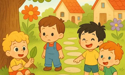 Ci sono quattro bambini di 3 anni: Lino, biondo riccio, seduto a sinistra sotto l'albero con una foglia in mano; Timo, castano liscio con una salopette blu, al centro-sinistra che guarda il sentiero; Bobo, capelli neri spettinati e sempre sorridente, a destra che tiene la mano di Nino; Nino, rosso e curioso, indica le pietre del sentiero; in un giardino di paese diurno con erba verde, grandi fiori colorati, un grande albero in alto a sinistra, casette sullo sfondo e un nuovo sentiero di pietre lisce; i quattro, mano nella mano sul bordo del sentiero, osservano le pietre brillanti con espressioni meravigliate in un'atmosfera dolce e luminosa, colori caldi, stile semplice e tondo con contorni netti e texture delicate tipo matita e acquerello.