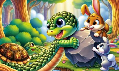 Un pequeño serpiente llamado Silvio, con escamas brillantes como estrellas y ojos profundos y curiosos, empuja una gran piedra con determinación, su cuerpo sinuoso se curva bajo el esfuerzo. A su lado, un alegre conejo llamado Saltarín, con grandes orejas y pelaje suave, anima a Silvio con una sonrisa radiante, mientras se sostiene sobre sus patas traseras, listo para ayudar. En el fondo, una sabia tortuga, Sabina, con un caparazón adornado con patrones naturales, observa con benevolencia, sus ojos brillando de sabiduría. El escenario es un hermoso bosque del Bosque Encantado, donde árboles majestuosos con hojas verdes vibrantes rodean un arroyo que ha dejado de fluir, y flores coloridas salpican el suelo. La situación principal muestra a Silvio y sus amigos unidos en un esfuerzo colectivo para mover la piedra que bloquea el arroyo, simbolizando su valentía y amistad en este momento crucial.