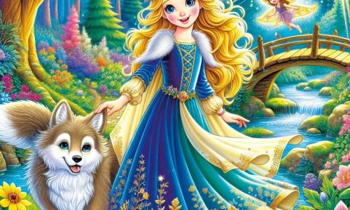 La princesa Lía, una niña de unos 10 años, está en el centro de la imagen, con cabello dorado que brilla al sol y ojos azul claro llenos de entusiasmo. Lleva un vestido de terciopelo azul adornado con motivos dorados y una capa ligera que flota detrás de ella, mostrando una expresión de determinación y alegría. A su lado, un pequeño lobo de pelaje marrón claro, con ojos suaves y agradecidos, está listo para ayudarla, mientras que una pequeña hada de alas brillantes y doradas, Miri, vuela a su alrededor, sonriente y llena de energía. El decorado es un hermoso jardín encantado, lleno de flores coloridas y grandes árboles con hojas brillantes, con rayos de sol filtrándose a través de las ramas. En el fondo, un viejo puente de madera, ligeramente desgastado, se extiende sobre un arroyo que murmura, añadiendo un toque de misterio a la escena. La situación principal muestra a Lía, Miri y el lobo preparándose para cruzar el puente, con Lía avanzando valientemente, lista para enfrentar los desafíos de su aventura para salvar su reino.
