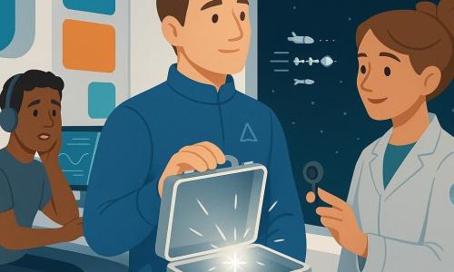 Doświadczony mężczyzna-pilot, spokojny i skoncentrowany, o łagodnych rysach i krótkich brązowych włosach, w niebieskim skafandrze z naszywką „Łagodne Skrzydło”, trzyma małą srebrną walizkę błyskającą kodowanymi błyskami światła i patrzy życzliwie przez dużą okrągłą szybę stacji kosmicznej; obok niego po prawej stoi około 30-letnia kobieta-naukowiec, jasnobrązowe włosy w niechlujnym koku, w jasnoszarym kitlu z naszywką „Instytut”, trzyma otwartą walizkę i wystawia małe urządzenie nasłuchowe na zewnątrz; w tle po lewej siedzi młody kontroler (ok. 25 lat) w T-shircie i lekkich słuchawkach przed jasnoświetlnymi ekranami z wykresami trajektorii; wnętrze stacji: białe matowe ściany, kolorowe panele akustyczne, zielono-niebieskie ekrany pokazujące trzy ikony statków ustawionych w szeregu i zbliżającą się kapsułę, miękkie oświetlenie i okna na gwiazdy; główna scena to synchronizacja konwoju kosmicznego przy spokojnej, współpracującej i pełnej zachwytu atmosferze, utrzymana w miękkiej palecie kolorów (niebieski, turkus, jasnoszary, akcenty srebra).