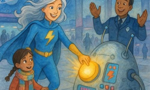 Una superheroína de sonrisa brillante y cabello plateado flotante, con traje azul eléctrico y botas con relámpagos dorados, pone una mano sobre un gran botón amarillo de un aparato metálico que emite un resplandor dorado; a su lado izquierdo una niña de unos 7 años, con trenzas y una gran bufanda colorida y ojos asombrados, también aprieta el mismo botón; detrás, ligeramente a la derecha, un hombre adulto (capitán Brío) con traje azul marino e insignia levanta las manos en señal de alivio y ánimo; el aparato ovoide metálico tiene antenas, paneles intermitentes y cables conectados a una plataforma luminosa; la escena ocurre en la pasarela de un aeropuerto orbital futurista con vidrio, metal y anillos planetarios visibles, mientras una luz azul y dorada pulsa entre la heroína y la niña al detenerse el temporizador y la multitud aplaude en una atmósfera heroica y reconfortante.