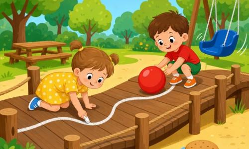 Two almost four-year-old children in a bright, simple scene: a girl with brown hair in two small pigtails, a yellow polka-dot dress and blue sneakers stands left on a narrow wavy wooden bridge, leaning forward to draw a thick white line with chalk; a boy with short brown hair, a red tee, green shorts and orange shoes crouches right and gently pushes a large red ball along the line. The small neighborhood park features light yellow sand beneath the bridge, a moving blue swing, a small picnic table, round trees with tender green foliage and a pale blue sky with fluffy white clouds; beside the children is a stack of two biscuits on napkin squares. The mood is joyful and focused, with bright colors, clear contours and a playful, reassuring atmosphere.