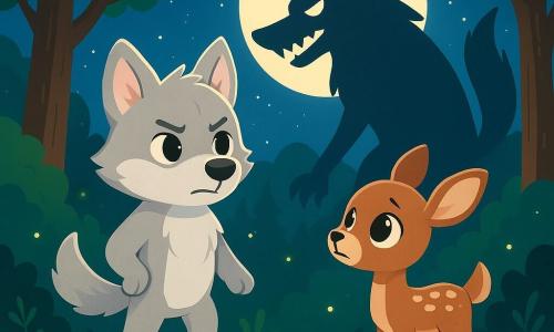 Ein kleiner Wolf mit sanften Augen und hellgrauem Fell, mit einem entschlossenen und mutigen Ausdruck, steht auf einem kleinen Hügel, der mit grünem Moos bedeckt ist, bereit, seine Freundin zu verteidigen. Neben ihm schaut ein junges Rehkitz mit großen, glänzenden Augen und hellbraunem Fell, das eine Mischung aus Angst und Hoffnung ausdrückt, vertrauensvoll zu dem Wolf. Die Szenerie ist ein verwunschener Wald, in dem majestätische Bäume mit dicken Stämmen und leuchtend grünen Blättern in einen sternenklaren Himmel ragen, erleuchtet von einem großen, sanften Mondschein. Die Szene spielt in der Dämmerung, mit tanzenden Schatten und schimmernden Glühwürmchen, die der Atmosphäre einen magischen Touch verleihen. Der kleine Wolf bereitet sich darauf vor, einem großen bösen Wolf gegenüberzutreten, dessen bedrohlicher Schatten sich hinter den Bäumen abzeichnet und einen auffälligen Kontrast zum sanften Licht des Mondes schafft.