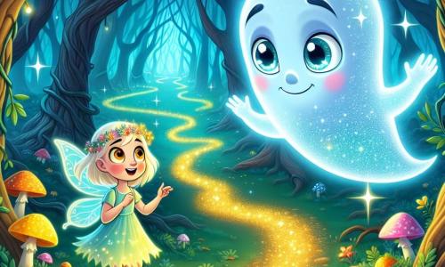 Un giovane fantasma di nome Luno fluttua sopra un sentiero scintillante, il suo mantello trasparente brilla come stelle e il suo volto esprime curiosità mista a preoccupazione. Ha grandi occhi luminosi e una leggera luminescenza blu che lo circonda, mentre osserva attentamente i tre sentieri incantati davanti a lui. Vicino a lui, una piccola fata dalle ali iridescenti, di nome Lila, vola attorno a lui. Ha circa 8 anni, capelli dorati e un vestito fatto di petali di fiori, sembra felice, sorridendo mentre cerca di rassicurare Luno. Il contesto è una foresta magica, con alberi dai tronchi contorti e foglie scintillanti, funghi luminescenti illuminano il terreno, e una leggera nebbia danza tra le radici. In lontananza, si delineano silhouette di animali fantastici nell'ombra. La situazione principale mostra Luno esitante tra i tre sentieri incantati, mentre Lila lo incoraggia a scegliere il suo cammino, creando un'atmosfera di mistero e avventura.