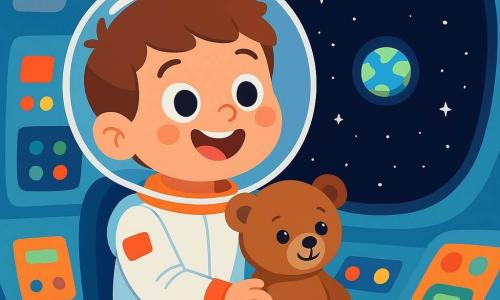 Um garotinho chamado Pedro, de 6 anos, usa um traje de astronauta brilhante e macio, com um capacete transparente. Ele tem um grande sorriso maravilhado no rosto, seus olhos brilham de alegria enquanto olha pela janela de sua nave espacial. Ao seu lado, seu ursinho de pelúcia, com pelagem marrom e olhos redondos, também parece feliz, sentado em seu colo. A cena acontece dentro de uma nave espacial futurista, com painéis de controle coloridos, botões piscantes e uma grande janela que oferece uma vista espetacular do espaço negro salpicado de estrelas cintilantes. Pedro admira a beleza das estrelas e da Terra, que aparece como uma pequena bola azul embaixo. Ele está cativado pela magia do universo, pronto para explorar as maravilhas do cosmos.
