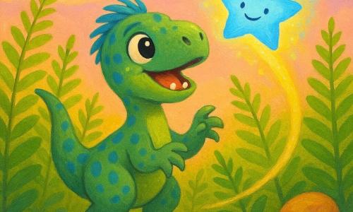 Un piccolo velociraptor chiamato Riki, allegro e curioso, osserva con grandi occhi brillanti una luce stellare blu scintillante; ha pelle verde macchiata di azzurro chiaro, penne corte sulla testa, denti minuscoli non minacciosi e agita delicatamente le zampe, mentre tra alte felci verdi con nervature visibili e pietre rotonde color ocra riscaldate dal sole, sotto un cielo rosa pastello con poche nuvole soffici, segue la luce meravigliato e non impaurito.