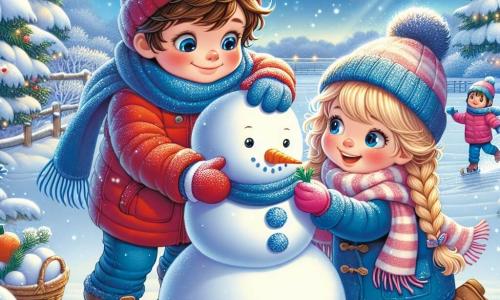 A 5-year-old boy named Sammy, with messy brown hair, is wearing a bright red jacket, a blue hat with a pom-pom, and blue gloves. He has a big smile on his face, his cheeks rosy from the cold, and he is making a snowman by rolling a large snowball. Next to him is his neighbor Lucy, a 6-year-old girl with braided blonde hair, wearing a pink coat and a striped scarf. She is laughing as she adds a carrot for the snowman's nose. The setting is an enchanting winter landscape, with trees covered in sparkling snow, a clear blue sky, and gently falling snowflakes. The ground is blanketed in a thick layer of pristine snow, and in the distance, children can be seen skating on a frozen pond. The main scene shows Sammy and Lucy joyfully building a snowman, surrounded by laughter and winter magic, capturing the spirit of winter and friendship.