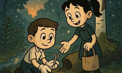 A 12-year-old boy with a round face, short brown hair and calm wide eyes crouches on a carpet of wet leaves holding a small metal key in his gloved hand; an 11-year-old girl with black hair in a ponytail, a relieved smile and a tote bag stands slightly behind him by a mossy log, reaching for the key; a young birch with a pale trunk and a broken branch leaning against it has a large green leaf like a bandage; a narrow stream to the left glints with golden dusk reflections, ferns and hazel bushes form a semicircle around them, thousands of yellow-green fireflies float in a soft halo with some lights reflected on the water; color palette of soft midnight blue, moss green, earthy brown, warm yellow fireflies and orange sunset glow; simple clear composition, slight low-angle perspective, rounded lines, soft shadows, paper texture and grainy retro, soothing finish.