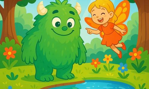 A large monster named Max, with soft, tousled green fur, round shiny eyes, and a warm smile, stands by a sparkling pond. He looks joyful and curious, observing his reflection in the water. Next to him is an 8-year-old girl named Bella, with blonde hair and shimmering butterfly wings, flying around Max, laughing and pointing at the monster's reflection in the pond. The scene takes place in a magical clearing surrounded by majestic trees with thick trunks and colorful flowers dancing in the wind. Sunlight filters through the leaves, creating a play of light on the water. The main focus shows Max and Bella discovering their friendship in this enchanting setting, where Max realizes he can be loved and accepted just as he is.