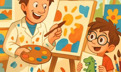 A joyful man, Mr. Felix, with tousled hair and a paint-splattered smock, stands in front of a large easel, a wide smile on his face. He holds a brush in one hand and a colorful palette in the other, surrounded by vibrant canvases. Next to him is a nine-year-old boy, Jamie, with messy brown hair and round glasses, watching in awe while holding a drawing of a funny dinosaur. They are in a bright art studio filled with colorful sculptures, paint pots, and brushes, with sunlight streaming through the windows. The scene depicts Mr. Felix and Jamie creating together, sharing laughter and creativity, while Picasso, the cat, plays with a paint roller on the floor.