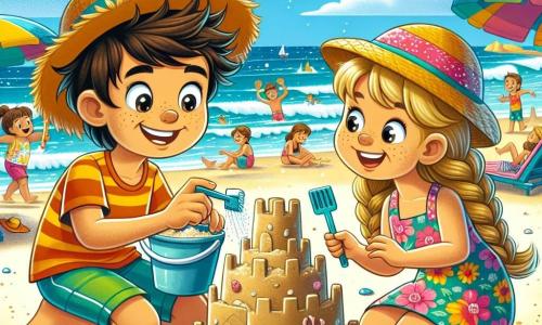 Um menino de 8 anos, com cabelos castanhos bagunçados e um grande sorriso, está construindo um castelo de areia em uma praia ensolarada. Ele usa um maiô colorido e um chapéu de palha, e seus olhos brilham de excitação enquanto molda uma torre de areia com seu balde e pá. Ao lado dele, sua irmã Ana, também de 8 anos, com cabelos longos e loiros trançados, o ajuda adicionando conchas decorativas ao castelo. Ela usa um maiô florido e tem um sorriso alegre, admirando seu irmão. Ao fundo, a praia é cercada por ondas cintilantes, guarda-sóis coloridos e famílias aproveitando o sol, sob um céu azul vibrante com algumas nuvens brancas. A cena principal mostra o menino e sua irmã em plena atividade, cercados por risadas de outras crianças brincando na areia, criando uma atmosfera alegre e de verão.