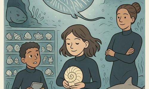 A calm, curious 12-year-old girl with mid-length hair drifting in the current, wearing a snug wetsuit, holds a shiny spiral shell to her chest with a focused, tender smile; an about-11-year-old boy, Milo, nervous and awed in a wetsuit, floats nearby holding a waterproof notebook and looking at the shell; Aunt Lila, an adult woman with hair up and a reassuring silhouette, stands slightly back with folded hands; a large bioluminescent ray, Brinewing, glides protectively above a central stone table, its wide wings lined with light; a sculpted coral wall forms shelves filled with hundreds of varied shells—spirals, fans, bowls—some glittering; a rocky opening reveals, in shadow, a curled moray eel, Grit, appearing conflicted but vulnerable as it watches the shell’s return; a shark, Rill, with sand-like skin patterns, stays just behind the group, calm and watchful; the underwater atmosphere is dark softened by bioluminescence, drifting plankton, fine bubbles and floating algae with diffuse light from the ray and corals; the main scene depicts the solemn return of the spiral shell on a bed of seagrass at the center of a shell library, emphasizing repair and empathy among the characters.