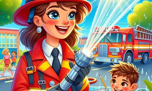 A capitã Catarina, uma mulher corajosa de cerca de trinta anos, veste um uniforme de bombeiro vermelho vivo, com um capacete brilhante na cabeça. Seu rosto expressa determinação e alegria, seus olhos brilhando de orgulho enquanto sorri segurando uma grande mangueira de incêndio. Ao seu lado, Tomás, um garoto de 10 anos, com cabelos castanhos bagunçados e olhos curiosos, observa com admiração, segurando um pequeno bloco de notas e um lápis, pronto para anotar tudo o que aprende. A cena ocorre diante de um caminhão de bombeiros vermelho brilhante, estacionado em uma estrada ensolarada, cercado por árvores verdes e uma escola colorida ao fundo. Crianças riem e se divertem ao redor, criando uma atmosfera alegre e dinâmica. A situação principal mostra Catarina explicando a Tomás como usar uma mangueira de incêndio, enquanto gotas d'água brilham ao sol, adicionando um toque de magia a este momento de aprendizado.