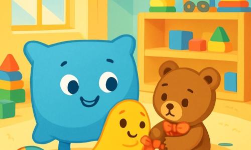 A soft blue cushion named Benny, with a joyful smile and sparkling eyes, stands at the center of a large sunny playroom. Next to him, a bright yellow blanket named Sunny is wrapped around his edges, displaying a friendly and warm expression. Pippa, a brown teddy bear with a pretty red ribbon, looks on with a worried face, sitting on the plush floor, while Milo, a colorful ball, rolls joyfully nearby with a mischievous expression. The playroom is filled with colorful toys, pastel-painted walls, and sunlight filtering through the windows. In the center, Benny and Sunny are helping Pippa free her stuck ribbon, creating a scene full of camaraderie and happiness.