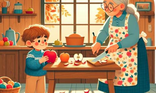 A 2-year-old boy named Ben, with brown hair and round cheeks, is wearing a blue wool sweater and beige pants. He smiles in wonder while holding a large red apple in his small hands. Next to him, his grandmother, a woman about 65 years old with gray hair and round glasses, is cutting apples with a knife in a warm kitchen filled with golden light. She wears a floral apron and smiles tenderly at Ben. The setting is a rustic kitchen with wooden walls, a large oak table laden with colorful apples, and windows letting in autumn sunlight that illuminates the golden leaves outside. The main scene shows Ben and his grandmother preparing an apple pie, with apple pieces scattered on the table, while Ben laughs joyfully, eager to taste their creation.
