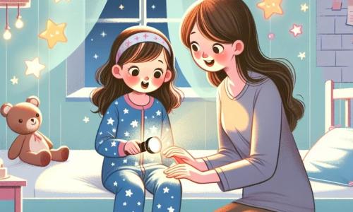 Una niña de 4 años, con largos cabellos castaños y ojos brillantes, está sentada en su cama, con una sonrisa de asombro en el rostro. Lleva un pijama azul con estrellas blancas y sostiene una pequeña linterna que ilumina la habitación. A su lado, su mamá, una mujer dulce de unos 30 años con cabello castaño y una sonrisa reconfortante, está agachada, mostrándole cómo usar la linterna. La habitación está decorada con paredes en tonos pastel, con pegatinas de estrellas brillantes y peluches de colores esparcidos sobre la cama. Una ventana deja entrar una suave luz de luna, creando un ambiente cálido. La escena muestra a la niña descubriendo la magia de la noche, iluminando las estrellas en sus paredes con la linterna, mientras su mamá la anima con ternura, transformando su miedo a la oscuridad en asombro.
