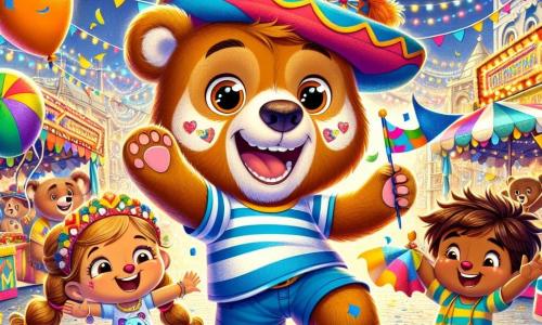 Ilustración que representa un oso alegre y curioso, con un pelaje suave y marrón, ojos brillantes de emoción y una gran sonrisa. Lleva un sombrero de carnaval colorido con un enorme pompón en la parte superior y baila con entusiasmo en medio de la fiesta. A su lado, una niña con trenzas, ojos brillantes y un rostro radiante de alegría, sostiene una pequeña bandera colorida y ríe mientras salta. Un niño aventurero, con el cabello despeinado y una camiseta a rayas, sonríe sosteniendo un gran globo en forma de estrella, listo para divertirse. El decorado es una plaza central animada, adornada con banderines coloridos, luces centelleantes y puestos de juegos. Confetis vuelan en el aire, y los niños ríen y bailan alrededor de una gran fuente que brilla bajo el sol poniente. La escena principal muestra al oso y sus amigos en plena celebración del carnaval, rodeados de risas y música, compartiendo momentos de alegría y amistad. Elementos gráficos adicionales incluyen globos flotantes, guirnaldas luminosas, animales en trajes festivos y dulces coloridos como caramelos y pasteles, creando una atmósfera festiva y mágica.