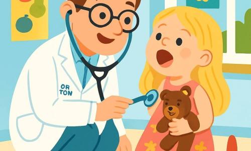 A smiling male doctor, Dr. Tom, is wearing a large white coat and a stethoscope around his neck. He has brown hair and round glasses, and his face expresses kindness and confidence. He is crouching down, listening to the heart of a little girl named Mia. Mia, a 5-year-old girl, has long blonde hair and is wearing a pink dress with flowers. She is holding a teddy bear close to her and smiling shyly. The scene takes place in a bright and welcoming clinic, with light blue walls and colorful posters of fruits and animals. Toys are scattered on the floor, and sunlight is coming through a window. Dr. Tom is listening to Mia's heart with his stethoscope, while Mia opens her mouth saying 