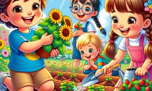 Un niño de 5 años llamado Pablo, con cabello castaño alborotado y ojos brillantes de alegría, está plantando semillas de girasol en un jardín soleado. Lleva una camiseta azul brillante y un short beige, y su rostro irradia emoción. A su lado, Ana, una niña de 5 años con trenzas rubias, sonríe sosteniendo una pequeña pala, lista para plantar fresas. Luis, un niño de 5 años con gafas redondas y cabello negro, riega sus plantas de menta mientras ríe con sus amigos. Sofía, una niña de 5 años con dos coletas castañas, observa atentamente las plantas, sosteniendo un cuaderno de bocetos. El jardín es un lugar vibrante, lleno de tierra marrón, pequeñas plantas verdes que comienzan a crecer y flores coloridas que bailan al viento. El cielo es azul y soleado, con algunas nubes blancas flotando. La escena principal muestra a los niños trabajando juntos con entusiasmo, cada uno cuidando su propia planta, compartiendo risas y ánimos, creando así un hermoso jardín lleno de vida y amistad.