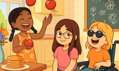 There are three characters:  
- Emilia: a 10-year-old girl with long brown hair and round glasses. She is wearing a pink t-shirt and denim shorts, sitting on the floor surrounded by colorful cushions, with a shy smile.  
- Ruby: a 10-year-old girl with black braided hair and a floral dress. She is standing and juggling apples, with a big smile on her face.  
- Zoe: a 10-year-old girl in a wheelchair, with blonde hair and sunglasses. She is sitting next to Emilia, laughing out loud, with colored pencils scattered around her.  

The setting is a bright and welcoming kitchen with large windows letting in sunlight. The walls are painted pastel yellow, and a large blackboard is filled with children's drawings. A wooden table is covered with golden pancakes and maple syrup, while colorful flowers in a vase add a fresh touch.  

The main scene shows the three girls preparing a big breakfast together, laughing and having fun, creating joyful memories despite their parents' separation.