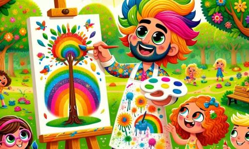 Ein Mann namens Herr Farbenfroh, mit langen, regenbogenbunten Haaren und kreativen, funkelnden Augen, steht im Mittelpunkt des Bildes und lächelt breit. Er trägt einen mit leuchtenden Farben bespritzten Maleranzug, hält in einer Hand einen großen Pinsel und in der anderen eine Farbpalette, bereit, die Kinder auf ihrem künstlerischen Abenteuer zu begleiten. Neben ihm malt Mia, ein 8-jähriges Mädchen mit lockigem Haar und runden Brillen, glitzernde Farbe auf eine Leinwand, ihre Augen strahlen vor Aufregung. Etwas weiter entfernt beobachtet Max, ein schüchterner 7-jähriger Junge mit zerzausten braunen Haaren, stolz sein buntes Bild eines großen Baumes voller bunter Vögel. Der Ort ist ein sonniger Park, voller leuchtender Blumen und großer, grüner Bäume. Der Himmel ist strahlend blau mit flauschigen weißen Wolken, und Kinder spielen fröhlich um sie herum, was eine Atmosphäre von Freude und Kreativität schafft. Die Hauptsituation zeigt Herr Farbenfroh und die Kinder, die im Freien gemeinsam malen, jeder drückt seine Kreativität auf weißen Leinwänden aus, während Lachen und lebendige Farben die Luft füllen und den Geist von Abenteuer und Kameradschaft illustrieren.