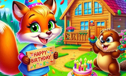 Felicity Fox, a bright orange-furred fox with sparkling eyes, stands in front of her wooden house, a big smile on her face. She wears a small party hat decorated with colorful confetti and holds a cardboard sign that says "It's my birthday!". Next to her, Benny Beaver, a brown-furred beaver with bright white teeth, juggles blueberries while laughing, his eyes twinkling with mischief. He is right beside Felicity, ready to help her uncover the mystery of her birthday. In the background, Felicity's house is surrounded by a flower garden, with colorful flowers and butterflies fluttering under a clear blue sky. The scene depicts Felicity and Benny on an adventure, searching for clues to discover the birthday surprise, with a joyful and festive atmosphere, filled with bright colors and fun details.