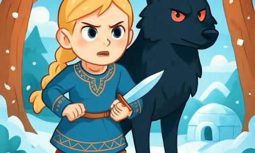Freyja, ein mutiges etwa 12-jähriges Mädchen, steht im Mittelpunkt der Szene. Sie hat lange, geflochtene blonde Haare, strahlende und entschlossene Augen und trägt eine blaue Wolltunika mit nordischen Mustern. Ihr Gesicht zeigt intensive Konzentration und leichte Nervosität, während sie selbstbewusst einen kleinen Dolch schwingt. An ihrer Seite steht der Fenriswolf, ein majestätischer großer schwarzer Wolf mit glänzendem Fell und durchdringend roten Augen, der sie mit stolzer und wachsamer Haltung beschützt. Er steht leicht im Hintergrund und beobachtet die Umgebung aufmerksam. Die Kulisse ist eine verzauberte Lichtung, umgeben von großen, knorrigen Bäumen, die mit funkelndem Schnee bedeckt sind. Der Himmel ist hellblau mit fluffigen weißen Wolken, und sanfte Schneeflocken fallen um sie herum, was eine magische Atmosphäre schafft. Die Hauptsituation zeigt Freyja, bereit, sich der Kreatur zu stellen, die den Winter gebracht hat, entschlossen, ihr Dorf vor der ewigen Kälte zu retten. Sie steht fest, bereit, auf die geheimnisvolle kleine Eis-Hütte zuzugehen, die in der Mitte der Lichtung steht, ein Symbol ihres Mutes und ihrer Suche.