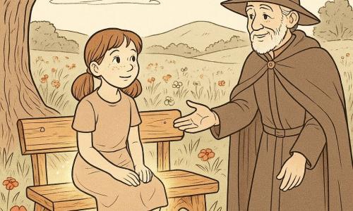 Una bambina di 10 anni dal viso rotondo con lentiggini e capelli castano chiaro raccolti in due code, espressione meravigliata e timida, seduta su una panchina di legno antico che emana un lieve bagliore, mani sulle ginocchia e sguardo fisso avanti; accanto a lei il Custode del Tempo, uomo di circa 60 anni con grande cappello appuntito, lunga cappa, barba corta imbiancata e sorriso benevolo, che le tende la mano per invitarla a seguirlo; sullo sfondo un ampio campo fiorito di papaveri e margherite, dolci colline e cielo terso con leggere nuvole, in primo piano una vecchia quercia dalle radici apparenti il cui tronco incornicia la scena; la panchina magica è appena apparsa vicino alla quercia e vibra leggermente creando un alone luminoso, atmosfera serena e misteriosa, composizione centrata con linee nette e texture delicate ad inchiostro fine.