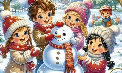 In un parco innevato, quattro bambini di sette anni si divertono insieme. Marco, un ragazzo dai capelli castani e dagli occhi brillanti, sta sollevando una grande palla di neve per costruire un pupazzo di neve. Accanto a lui, Giulia, una ragazza con i capelli biondi intrecciati e un sorriso radioso, aggiunge una sciarpa rossa attorno al collo del pupazzo. Anna, una ragazza con i capelli castani e occhiali tondi, tiene un piccolo secchiello di sassi per fare gli occhi del pupazzo, mentre Luca, un ragazzo dai capelli neri e dalle guance rosate, ride tenendo una carota per il naso. Il parco è coperto da un spesso mantello di neve scintillante, con alberi le cui branche sono cariche di fiocchi bianchi. Il cielo è di un blu chiaro, punteggiato da nuvole soffici, e il sole brilla dolcemente, illuminando la scena con una luce calda. I bambini sono in piena azione, ridendo e giocando, mentre costruiscono insieme il loro pupazzo di neve, creando ricordi felici in questa bella giornata d'inverno.