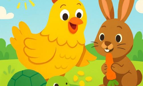 Een blije hen met gouden veren en sprankelende ogen staat in het midden, glimlachend en vol leven. Ze deelt glanzende maïs met haar vrienden. Aan haar rechterkant knabbelt een jonge konijn met grote oren, een bruin vacht en nieuwsgierige ogen aan een oranje wortel, terwijl hij de hen bewonderend aankijkt. Aan haar linkerkant observeert een schildpad met een groene, glanzende schild, met een serene blik, de scène terwijl hij zachtjes glimlacht. De omgeving is een groene weide, bezaaid met kleurrijke bloemen en verlicht door het gouden zonlicht, met een heldere blauwe lucht op de achtergrond. De hoofdscène toont de hen en haar vrienden die een vrolijke maaltijd delen, omringd door gelach en warmte, wat een sfeer van kameraadschap en geluk creëert.