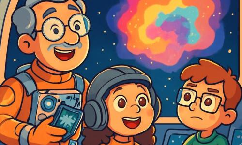 Il Dottor Leo, un uomo di mezza età con capelli brizzolati e occhiali tondi, sorride meravigliato osservando un immenso nuvola colorata di energia nello spazio. Indossa una tuta spaziale brillante, decorata con molti gadget scientifici, e tiene un dispositivo di misurazione in mano. Accanto a lui, una ragazza di 10 anni con capelli ricci e castani guarda con occhi spalancati, affascinata dallo spettacolo. Indossa un casco da pilota e prende appunti su un quaderno, piena di entusiasmo. Un ragazzo di 9 anni con occhiali quadrati e lentiggini si trova un po' in disparte, con le braccia incrociate, ma il suo viso esprime una curiosità intensa mentre scruta le stelle. La scena si svolge nella cabina di una navetta spaziale futuristica, con schermi luminosi che mostrano dati e mappe stellari. Attraverso il grande oblò, si intravede un cielo nero punteggiato di stelle scintillanti e l'anomalia colorata e misteriosa che pulsa di luce, creando un'atmosfera magica e intrigante. La situazione principale mostra il Dottor Leo e i suoi giovani assistenti intenti a studiare l'anomalia spaziale, catturati dalla bellezza dell'universo, pronti a fare una scoperta che potrebbe cambiare il corso dell'esplorazione spaziale.