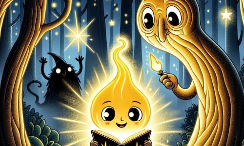 Een klein, stralend figuurtje met een gouden gloed en sprankelende ogen staat in het midden van een mistig bos, met een nieuwsgierige en vastberaden uitdrukking. Hij draagt een klein vlamvormig hoedje en straalt een zachte licht uit. Naast hem staat een oude kaarsenhouder met een gebogen vorm en wijze ogen, die met trots en aanmoediging kijkt, terwijl hij een kleine wankelende vlam vasthoudt. De achtergrond is een mysterieuze bos met kromme bomen die naar een sterrenhemel reiken, omhuld door lichte mist die om hen danst. Schaduwen dwalen tussen de stammen, wat een magische en licht onheilspellende sfeer creëert. De hoofdscène toont het kleine, stralende figuurtje dat een oud, glinsterend boek leest, terwijl dreigende schaduwen zich achter hem wurmen, wat een contrast tussen licht en duisternis symboliseert, en de strijd tussen moed en angst.
