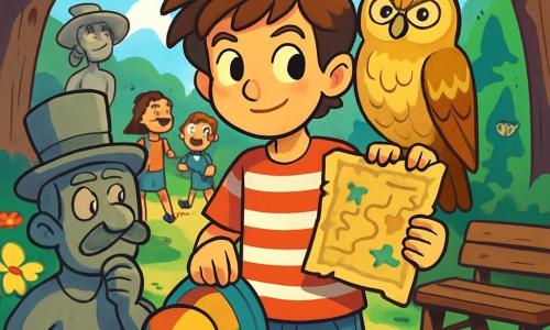 Um garoto de 12 anos, Eliot, com cabelos desgrenhados e olhos brilhantes de curiosidade, está no meio de um parque animado, com uma expressão determinada no rosto. Ele usa uma camiseta listrada e um short de denim, segurando um chapéu de chuva colorido em uma mão e um mapa misterioso na outra. Ao seu lado, Madame Astúcia, uma majestosa coruja de penas douradas, empoleira-se em seu ombro, observando o mundo com um olhar sábio e travesso. O parque está cheio de estátuas de formas estranhas, algumas com bigodes postiços, cercadas por flores vibrantes e bancos de madeira desgastados. Crianças riem e brincam ao redor, enquanto duendes se escondem atrás das árvores, observando a cena. Eliot, intrigado, examina uma estátua que parece prestes a ganhar vida, enquanto sombras misteriosas dançam ao seu redor, adicionando um toque de magia à atmosfera.