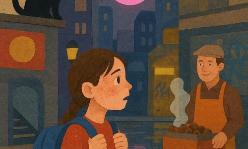 A small, lively 10-year-old girl with braided brown hair and a neon-flecked face looks amazed and slightly worried, clutching her rain‑streaked blue backpack; a shadowy black cat perches on the rooftop edge, a kindly chestnut vendor in a rust apron stands by a steaming cart, and on a wet city street after rain with gleaming sidewalks, puddles, yellow streetlights, colorful billboards and a pink neon moon between skyscrapers the girl pauses under the moon before three glowing choices—a steaming subway entrance, a graffiti-lined alley, and a lit rooftop garden—hesitant but ready for adventure.