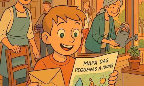 Um menino de 8 anos, cabelo castanho-claro curto, olhos verdes brilhantes e sorriso curioso, sentado junto a uma janela com luz alaranjada do pôr do sol, segura um envelope de papel reciclado e um pequeno 