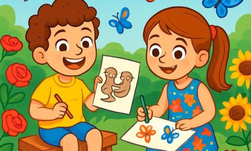 There are 2 main characters: Oliver, an 8-year-old boy with curly brown hair, wearing a bright yellow t-shirt and blue shorts. He is sitting on a wooden bench, holding a pencil in one hand and a drawing of otters in the other, with a big smile on his face. Mia, an 8-year-old girl with long, smooth hair tied in a ponytail, is wearing a colorful flower dress. She is standing next to Oliver, drawing butterflies on a piece of paper, with a focused and joyful expression. The setting is a vibrant butterfly garden filled with bright flowers: red roses, yellow sunflowers, and delicate violets. Colorful butterflies are flying around them, adding a touch of magic to the sunny atmosphere. The main situation shows Oliver and Mia drawing together, surrounded by the beauty of nature, sharing laughter and encouragement, illustrating the importance of friendship and creative expression.