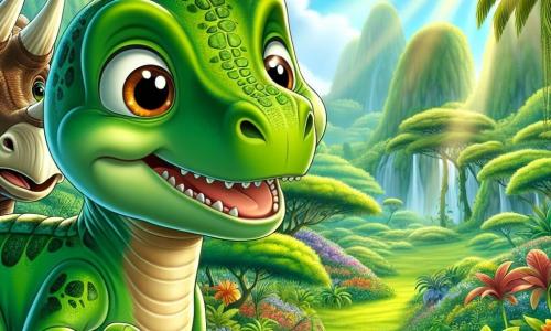 Um jovem Tyrannosaurus Rex, chamado Tiran, está no centro da imagem, com um olhar curioso e maravilhado. Ele tem uma pele verde brilhante, escamas cintilantes e grandes olhos expressivos que refletem seu entusiasmo pela aventura. Tiran está cheirando o ar, com os pequenos braços levantados, como se estivesse prestes a descobrir algo mágico. Ao seu lado, seu amigo Dario, um tricerátops robusto com três chifres distintos, observa com um sorriso alegre. Dario tem pele marrom claro com manchas mais escuras e está um pouco atrás, pronto para seguir Tiran em sua exploração. O cenário é um vale verdejante e magnífico, repleto de plantas coloridas e árvores grandes com folhas luxuriantes. Raios de sol atravessam a folhagem, iluminando flores vibrantes que dançam suavemente na brisa. A cena principal mostra Tiran e Dario descobrindo esse mundo secreto, com Tiran cheirando o ar, intrigado por um perfume misterioso, enquanto Dario, cheio de energia, se prepara para se aventurar mais longe no vale.