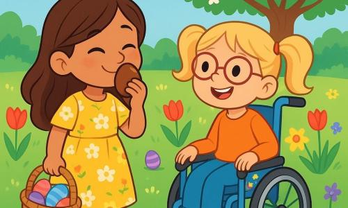 Er zijn 2 hoofdpersonages: - Noor: een 6-jarig meisje met lang bruin haar en sprankelende ogen. Ze draagt een gele bloemenjurk en houdt een klein rieten mandje vol gekleurde eieren vast. Noor staat glimlachend naast Lila. - Lila: een 5-jarig meisje met blonde vlechten en een bril. Ze zit in een rolstoel versierd met kleurrijke stickers. Lila kijkt met een grote glimlach naar Noor, klaar om haar te helpen met het zoeken naar eieren. De situatie speelt zich af in een zonnige tuin, gevuld met stralende bloemen: rode tulpen, gele narcissen en paarse viooltjes. Het gras is groen en fris, bezaaid met glinsterende dauwdruppels. Op de achtergrond voegt een grote bloeiende appelboom een vleugje magie toe. De hoofdactie van het verhaal toont Noor en Lila die op zoek zijn naar verstopt paaseieren in de tuin. Noor gebruikt haar neus om de heerlijke chocol geuren te ruiken, terwijl Lila met haar rolstoel volgt, lachend en zich vermakend. Gekleurde eieren zijn verspreid om hen heen, en een zachte bries laat de bloemen dansen.