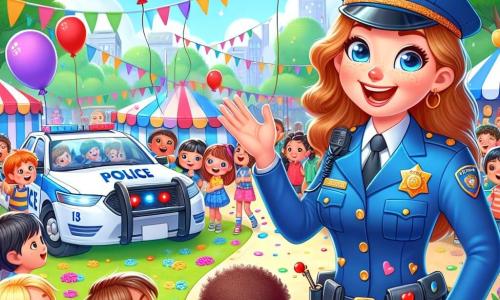 Eine lächelnde Polizistin, Mia, steht im Zentrum eines lebhaften Festes, trägt eine leuchtend blaue Uniform und eine Mütze. Ihre Augen strahlen vor Aufregung, und sie winkt freundlich den Kindern zu. Neben ihr hält ein 7-jähriger Junge mit lockigem, blonden Haar einen roten Herzballon und ist von der Polizistin begeistert. Eine Gruppe von Mädchen im Alter von 6 bis 8 Jahren mit braunen und kastanienbraunen Haaren nähert sich einem glänzenden Polizeiauto, mit weit aufgerissenen Augen, bereit, das Innere zu erkunden. Der Ort ist ein großer sonniger Park, gefüllt mit bunten Ständen, schwebenden Ballons und Kinderlachen. Grüne Bäume umgeben den Park, und mehrfarbige Blumen verleihen der Atmosphäre eine fröhliche Note. Die Hauptsituation zeigt, wie Mia den Kindern erklärt, was eine Polizistin macht, mit enthusiastischen Gesten, während die Kinder aufmerksam zuhören und von ihren Geschichten gefesselt sind.