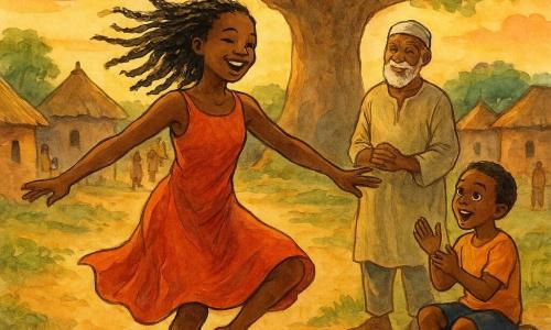Eine junge afrikanische Frau, Sira, tanzt anmutig auf einem Erdbodenweg, ihre Augen leuchten vor Freude und ihre geflochtenen Haare schwingen um sie herum. Ein alter Müller, ein Mann mit weißem Bart, beobachtet sie mit einem wohlwollenden Lächeln, ein paar Schritte hinter ihr stehend. Ein etwa 8-jähriger Junge klatscht begeistert, seine Augen weit geöffnet vor Faszination, während er auf einem nahegelegenen Felsen sitzt. Die Szenerie ist ein malerisches afrikanisches Dorf mit Lehmhütten und einem großen Baobabbaum in der Mitte, beleuchtet vom sanften Licht der Dämmerung. Die Hauptszene zeigt Sira beim Tanzen, schafft eine Atmosphäre von Festlichkeit und Einheit, mit Dorfbewohnern, die sich versammelt haben, um einen Moment kollektiver Freude zu teilen.