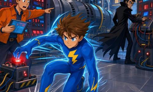Uomo — Superfulmine: volto determinato e benevolo, capelli castani scompigliati, occhi azzurri, costume blu elettrico aderente con grande saetta gialla sul petto, in atterraggio a mezza corsa con mano tesa per disattivare un piccolo dispositivo lampeggiante; muscoli tesi ed effetti di movimento. Uomo — Marco, circa 25 anni: giovane ingegnere preoccupato, capelli corti castani, giacca da lavoro arancione, tiene un tablet luminoso e indica un pannello di controllo dietro Superfulmine a sinistra, volto illuminato da schermi rossi. Uomo — Ombra Scura, circa 40 anni: antagonista in nero con mantello fluttuante, espressione subdola, mani su un pannello a destra in fondo, metà volto nell’ombra, cavi e dispositivi intorno. Luogo: interno di una centrale di energia pulita, grande sala metallica con tubi argentati, turbine, pavimento grigio, condotti gialli, lieve fumo nero, schermi e spie rosse/blu lampeggianti, illuminazione calda/fredda. Situazione: confronto dinamico — Superfulmine disattiva dispositivi di sabotaggio mentre Marco assiste e Ombra Scura osserva; scena tesa ma speranzosa, con poche scintille, colori vividi e silhouette nette.