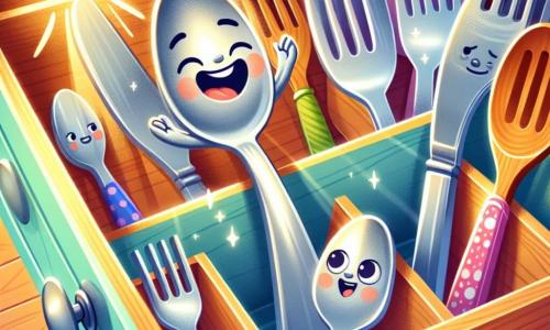 In a bright and welcoming kitchen, Sunny, a smiling and cheerful silver metal spoon, stands at the center, eyes sparkling with excitement as he invites Amara to join him. Amara, a wooden spoon intricately carved with delicate patterns, has a soft and shy expression, with a slight smile, standing next to Sunny, ready to share her story. Around them, several other utensils, like Forksy, a shiny stainless steel fork, watch curiously with a hint of hesitation. Knifey, a knife with a gleaming blade, stands back with crossed arms, but his gaze shows a mix of interest and concern. The setting is a light wooden kitchen drawer filled with colorful utensils and cheerful napkins, with rays of light filtering through the drawer's opening, creating a warm and friendly atmosphere. The main scene depicts Sunny encouraging Amara to share her story while the other utensils, intrigued, lean in to listen, illustrating a moment of discovery and acceptance in a colorful and joyful environment.