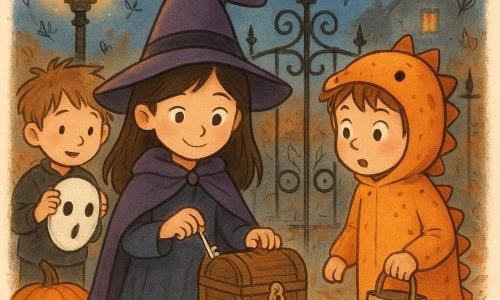 Mia, a shy but determined 10-year-old, wears a soft drooping witch hat and a purple cape, holds a small orange pumpkin with an 
