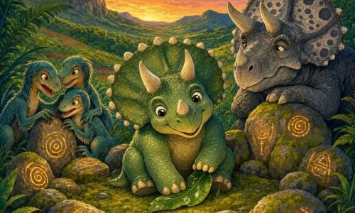 A chubby young triceratops with pale green scales and cream horns sits at the center of a mossy stone circle, smiling with curious eyes and one foot on a shiny leaf; a small group of blue‑green juvenile velociraptors frolic and nestle against the stones to his left, laughing and whispering; Old Saurus, a broad wrinkled elder with a mottled gray frill, stands back to the right leaning on a large rock, watching fondly; Greencrest Valley stretches behind with emerald tall grass, gentle hills, red and yellow flowers and waving giant ferns; the stones, marked with ancient striations and lichens, emit a warm protective glow; dusk fades from deep orange to starry blue with a pale moon partly veiled by pink clouds; overall the dinosaurs rest peacefully in the luminous circle, sharing a safe, warm, gentle moment.