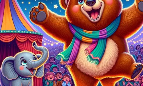 Un gran oso pardo llamado Oso, con una sonrisa radiante y ojos brillantes de alegría, se encuentra de pie sobre sus patas traseras, realizando un impresionante salto a través de un aro de fuego. Su pelaje es suave y sedoso, y lleva una colorida bufanda alrededor del cuello. A su lado, una pequeña elefanta llamada Ella, con grandes orejas y piel gris, aplaude con entusiasmo, sus ojos brillando de admiración por su amigo. Ella está a la izquierda de Oso, lista para animarlo. En el fondo, la carpa del circo está decorada con luces centelleantes y banderines coloridos, mientras que una multitud de niños y adultos, maravillados, aplauden y ríen, creando un ambiente festivo y alegre. La escena captura la emoción y la magia de un espectáculo de circo, donde la amistad y el sueño se encuentran.