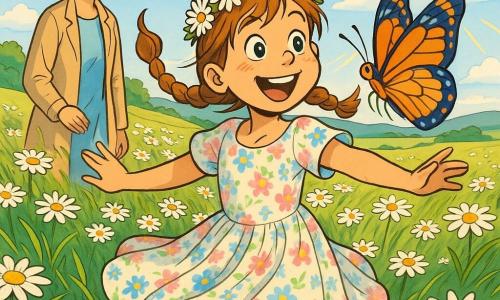 Menina de 8 anos, alegre e maravilhada, cabelos castanho-claro em tranças ao vento, olhos grandes, vestido leve floral e coroa de margaridas, dança girando no centro de uma pradaria; à esquerda e um pouco recuada, mãe sorridente (30–35 anos), cabelo em coque e casaco leve, observa com ternura; uma grande borboleta colorida pousa no ombro direito da menina com asas laranja e azul; a pradaria é um tapete de margaridas brancas e amarelas, ervas altas ondulando, algumas poças refletindo o céu, colinas suaves ao longe e céu azul com nuvens fofas e raios dourados, cena de celebração da primavera, cores vivas, traço claro e estilo quadrinho europeu.